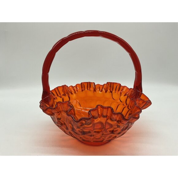 Fenton VTG Red Orange Amberina Thumbprint Glass Basket Ruffled Edge Grandmacore - Picture 8 of 16